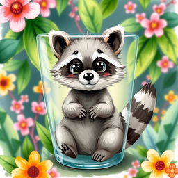 A cute raccoon illustration designed for a glass, showcasing the raccoon in a playful pose with big expressive eyes, fluffy tail, and small paws