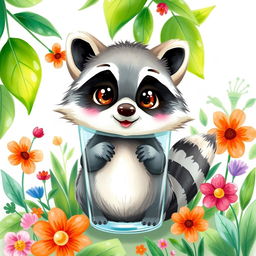 A cute raccoon illustration designed for a glass, showcasing the raccoon in a playful pose with big expressive eyes, fluffy tail, and small paws