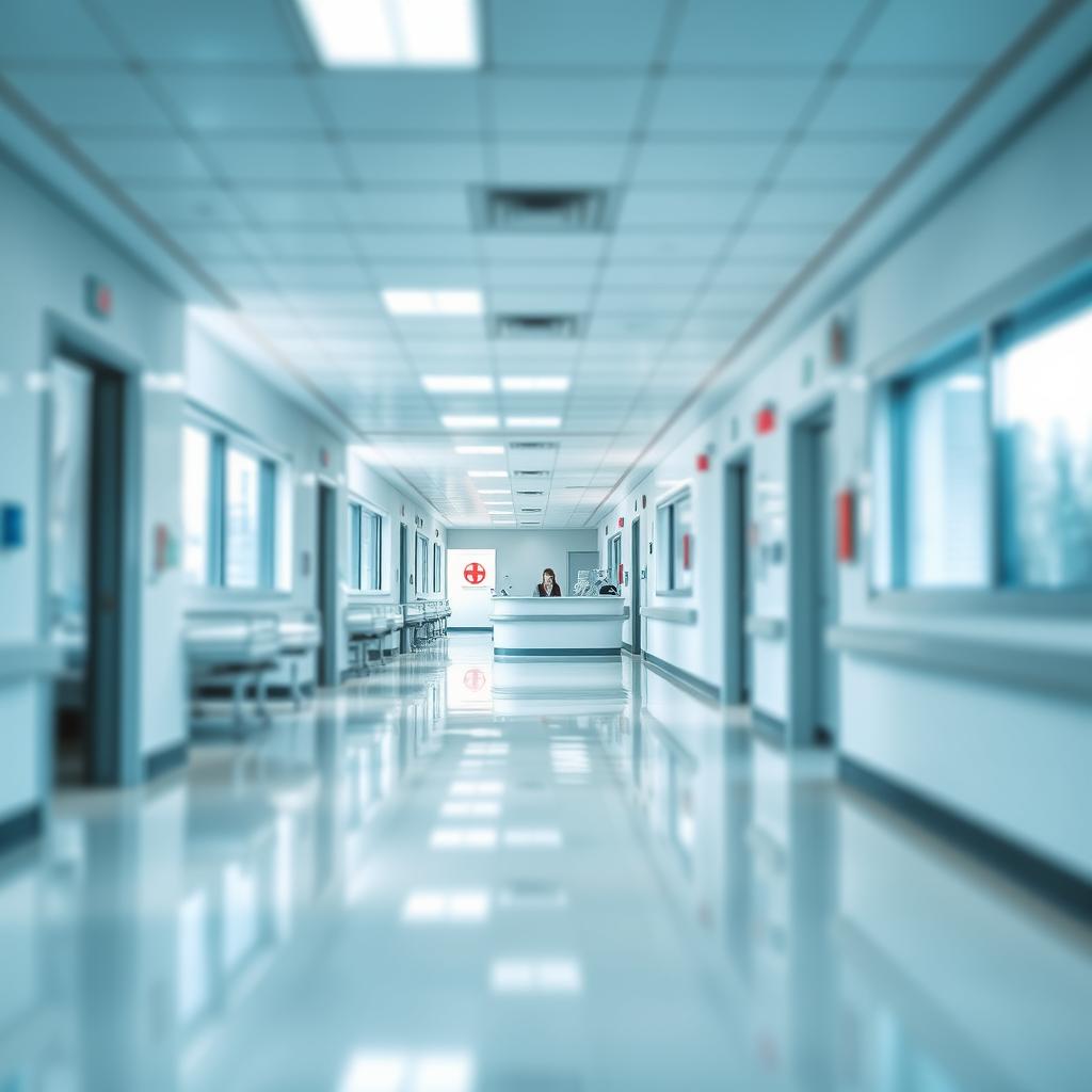 A hospital corridor featuring bright fluorescent lights, clean white walls, and shiny tile floors