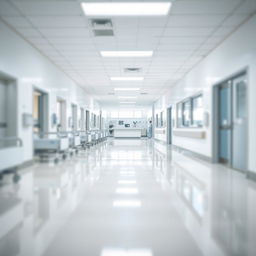 A hospital corridor featuring bright fluorescent lights, clean white walls, and shiny tile floors
