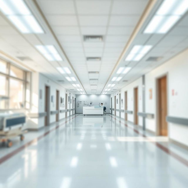 A hospital corridor featuring bright fluorescent lights, clean white walls, and shiny tile floors