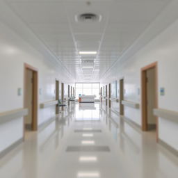A hospital corridor featuring bright fluorescent lights, clean white walls, and shiny tile floors