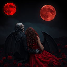 The Grim Reaper, with his back turned to the viewer, gazes at a captivating blood moon casting an eerie glow over the dark landscape
