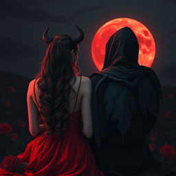The Grim Reaper, with his back turned to the viewer, gazes at a captivating blood moon casting an eerie glow over the dark landscape