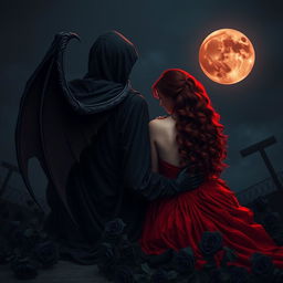 The Grim Reaper, with his back turned to the viewer, gazes at a captivating blood moon casting an eerie glow over the dark landscape