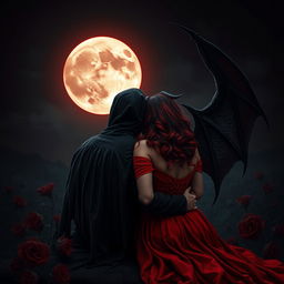 The Grim Reaper, with his back turned to the viewer, gazes at a captivating blood moon casting an eerie glow over the dark landscape