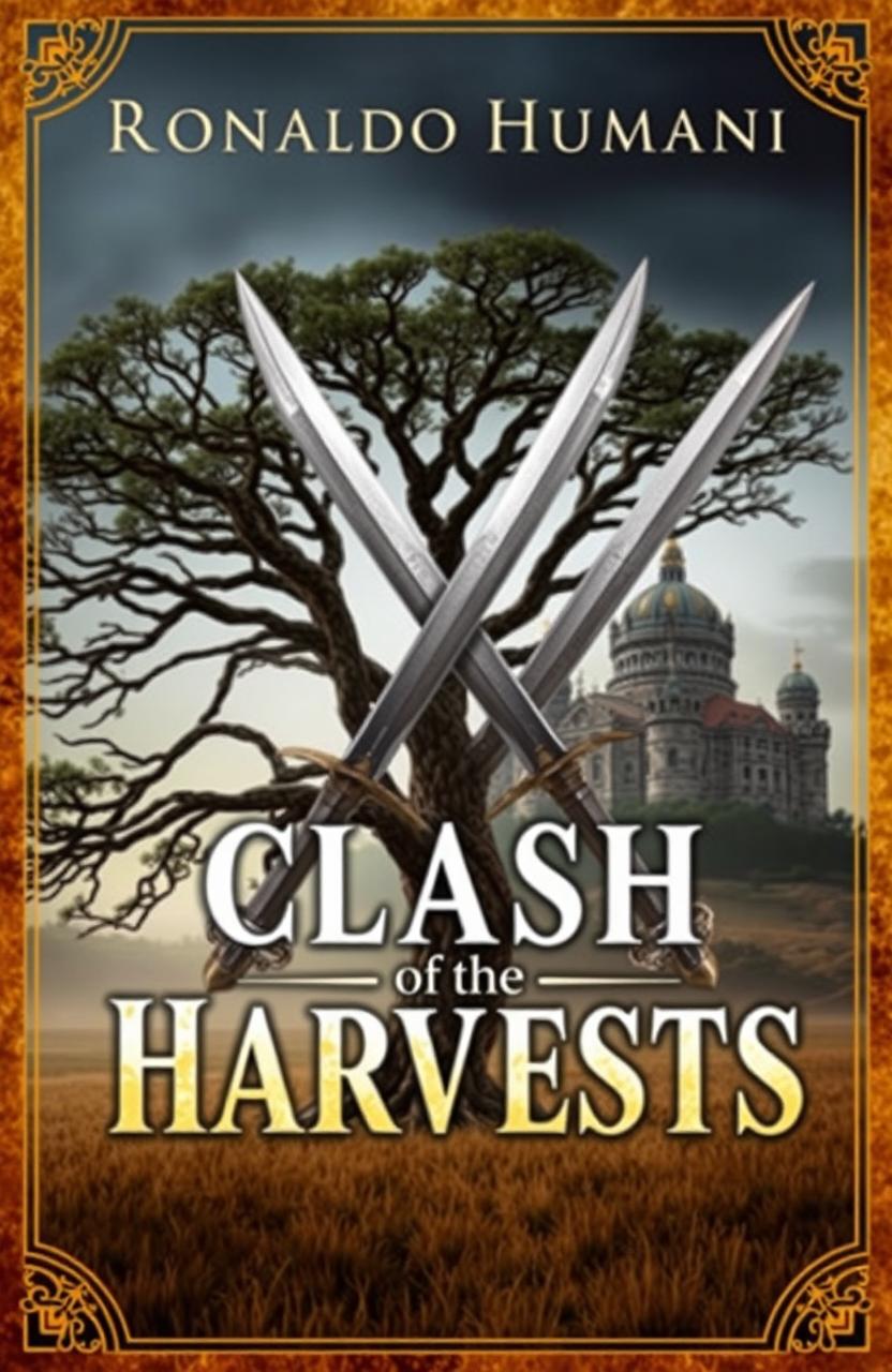 An epic and dramatic book cover design featuring two swords crossed in an 'X' shape at the forefront, symbolizing conflict