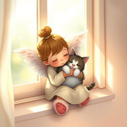 A whimsical and enchanting scene featuring a little angel girl with a bun on her head, with playful curls sticking out in various directions