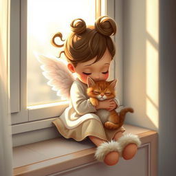 A whimsical and enchanting scene featuring a little angel girl with a bun on her head, with playful curls sticking out in various directions