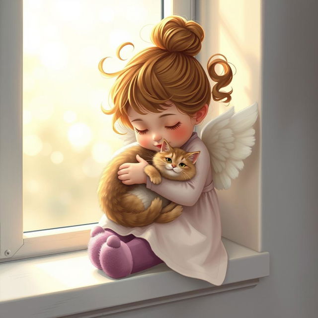 A whimsical and enchanting scene featuring a little angel girl with a bun on her head, with playful curls sticking out in various directions