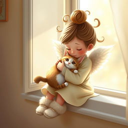 A whimsical and enchanting scene featuring a little angel girl with a bun on her head, with playful curls sticking out in various directions