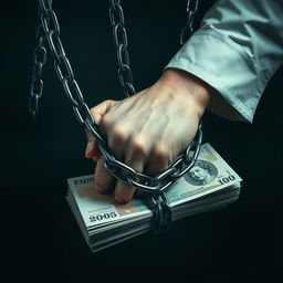 A powerful image depicting a person's hand being restrained by heavy chains that are tightening around stacks of English banknotes, symbolizing how debt and financial struggles imprison the individual