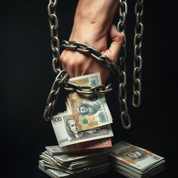 A powerful image depicting a person's hand being restrained by heavy chains that are tightening around stacks of English banknotes, symbolizing how debt and financial struggles imprison the individual