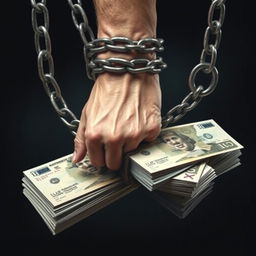 A powerful image depicting a person's hand being restrained by heavy chains that are tightening around stacks of English banknotes, symbolizing how debt and financial struggles imprison the individual