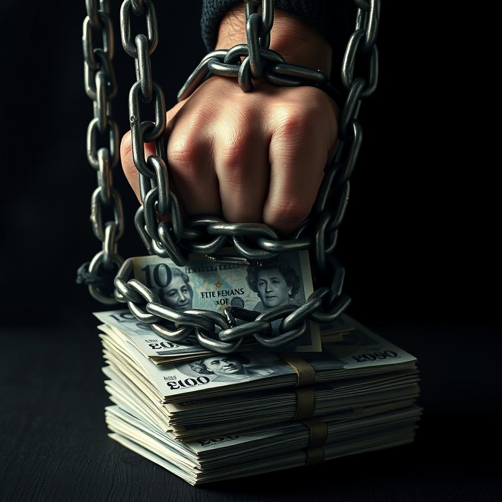 A powerful image depicting a person's hand being restrained by heavy chains that are tightening around stacks of English banknotes, symbolizing how debt and financial struggles imprison the individual