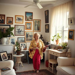 A cozy 1980s Cuban house interior, depicting a middle-aged woman surrounded by various images and photographs