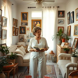 A cozy 1980s Cuban house interior, depicting a middle-aged woman surrounded by various images and photographs