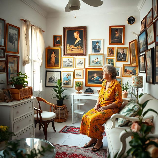 A cozy 1980s Cuban house interior, depicting a middle-aged woman surrounded by various images and photographs