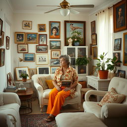 A cozy 1980s Cuban house interior, depicting a middle-aged woman surrounded by various images and photographs