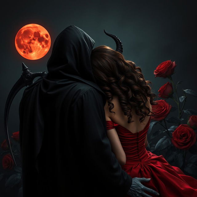 The Grim Reaper, with his back to the viewer, looks toward a hauntingly beautiful blood moon casting an eerie glow against the dark night sky