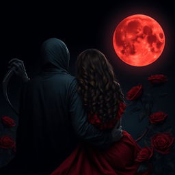 The Grim Reaper, with his back to the viewer, looks toward a hauntingly beautiful blood moon casting an eerie glow against the dark night sky