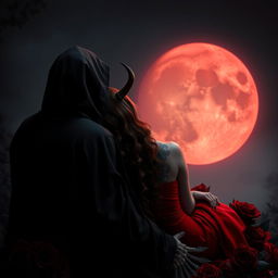 The Grim Reaper, with his back to the viewer, looks toward a hauntingly beautiful blood moon casting an eerie glow against the dark night sky