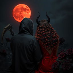 The Grim Reaper, with his back to the viewer, looks toward a hauntingly beautiful blood moon casting an eerie glow against the dark night sky