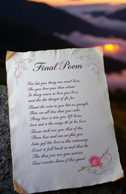 A beautifully handwritten final poem, elegantly displayed on textured parchment paper