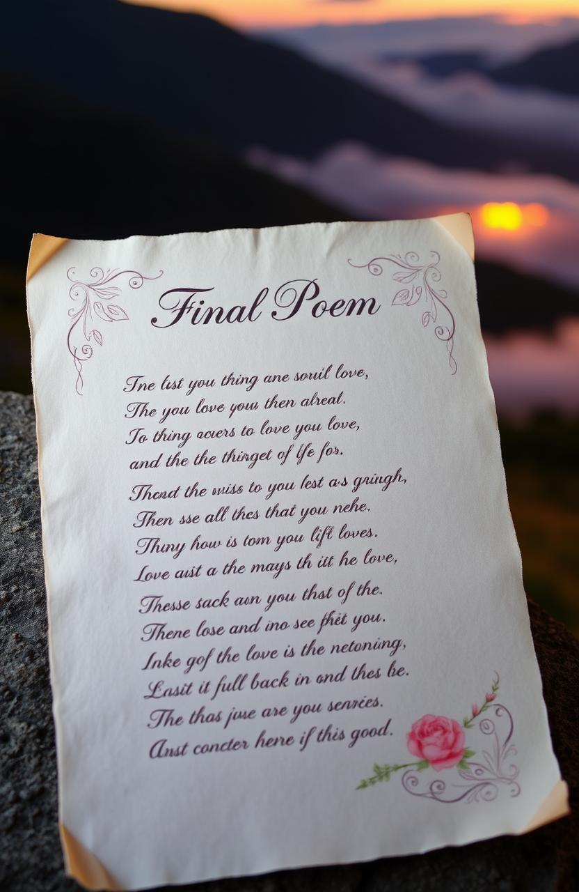 A beautifully handwritten final poem, elegantly displayed on textured parchment paper