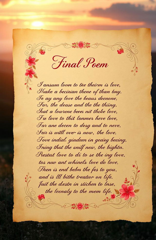 A beautifully handwritten final poem, elegantly displayed on textured parchment paper