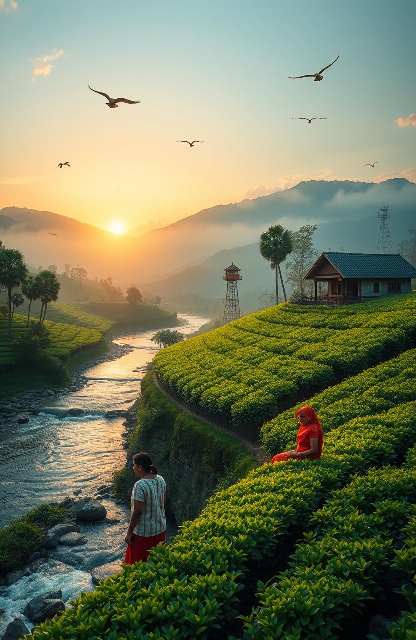a beautiful, serene landscape depicting the essence of Assamese culture, featuring a traditional Assamese tea garden with lush green tea plants, a picturesque river flowing nearby, misty mountains in the background, and a sunset that casts a warm golden glow across the scene
