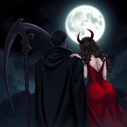 The Grim Reaper with his back to the viewer, gazing at a luminous blood moon in the night sky