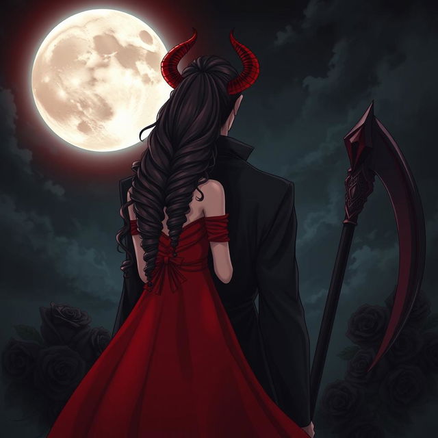 The Grim Reaper with his back to the viewer, gazing at a luminous blood moon in the night sky