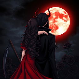 The Grim Reaper with his back to the viewer, gazing at a luminous blood moon in the night sky