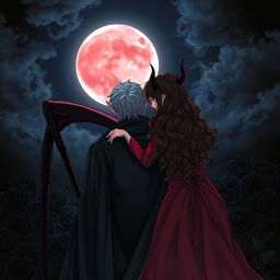 The Grim Reaper with his back to the viewer, gazing at a luminous blood moon in the night sky
