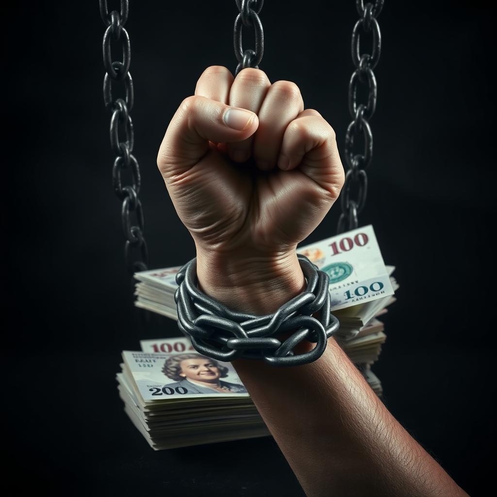 A captivating image depicting a person's hand being restrained by heavy chains that are tightening around stacks of English banknotes, symbolizing how debt and financial struggles imprison the individual