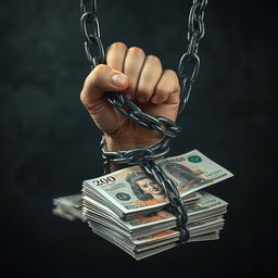A captivating image depicting a person's hand being restrained by heavy chains that are tightening around stacks of English banknotes, symbolizing how debt and financial struggles imprison the individual