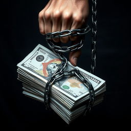 A captivating image depicting a person's hand being restrained by heavy chains that are tightening around stacks of English banknotes, symbolizing how debt and financial struggles imprison the individual