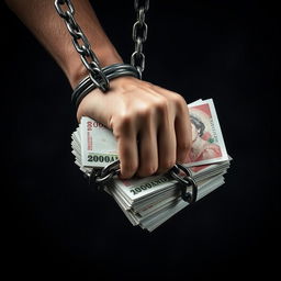 A captivating image depicting a person's hand being restrained by heavy chains that are tightening around stacks of English banknotes, symbolizing how debt and financial struggles imprison the individual