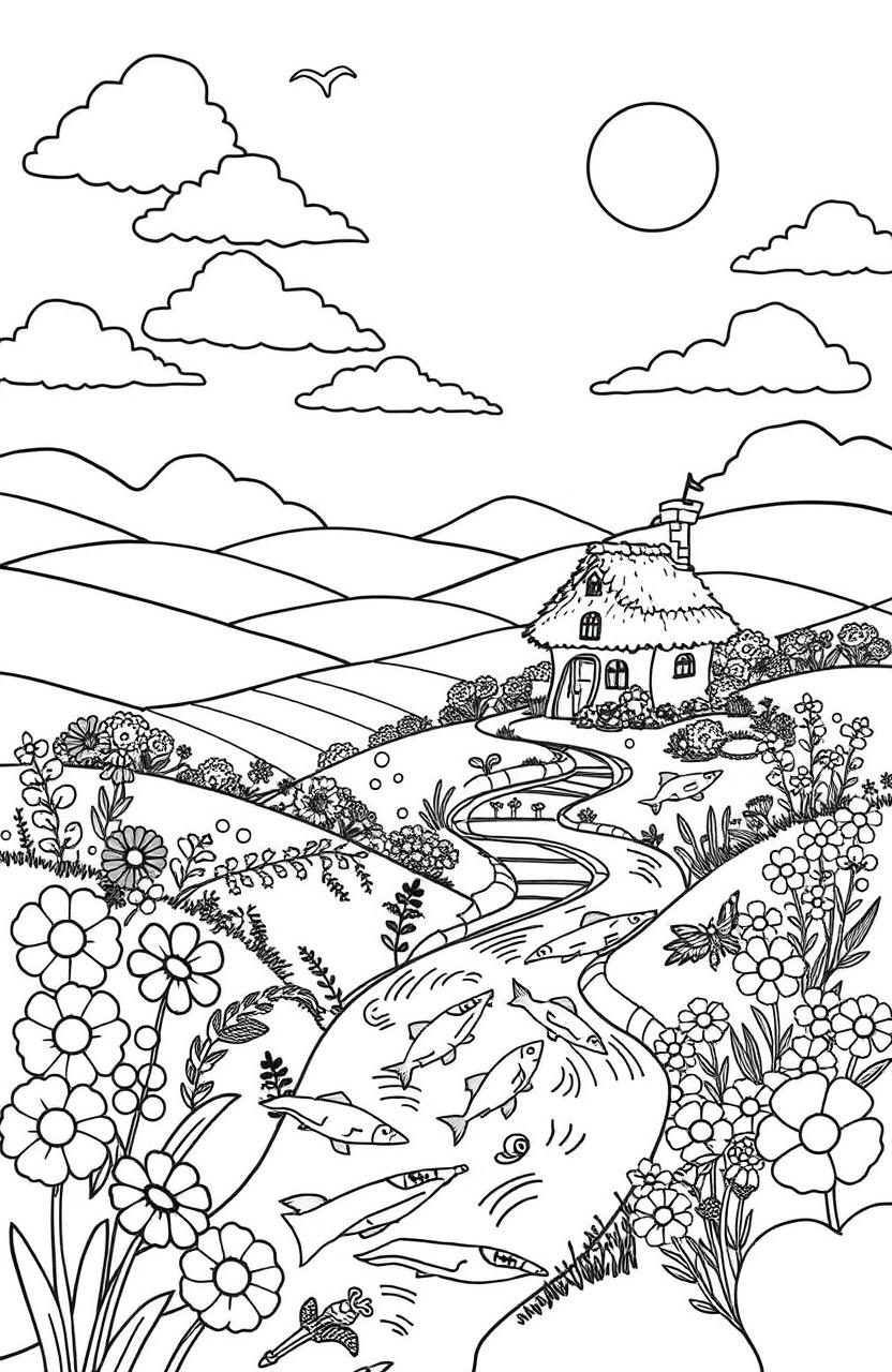 A beautiful coloring page featuring a whimsical landscape with rolling hills, a charming cottage with a thatched roof, surrounded by vibrant flowers in various shapes and sizes