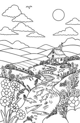 A beautiful coloring page featuring a whimsical landscape with rolling hills, a charming cottage with a thatched roof, surrounded by vibrant flowers in various shapes and sizes
