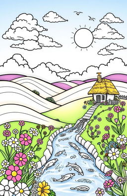 A beautiful coloring page featuring a whimsical landscape with rolling hills, a charming cottage with a thatched roof, surrounded by vibrant flowers in various shapes and sizes
