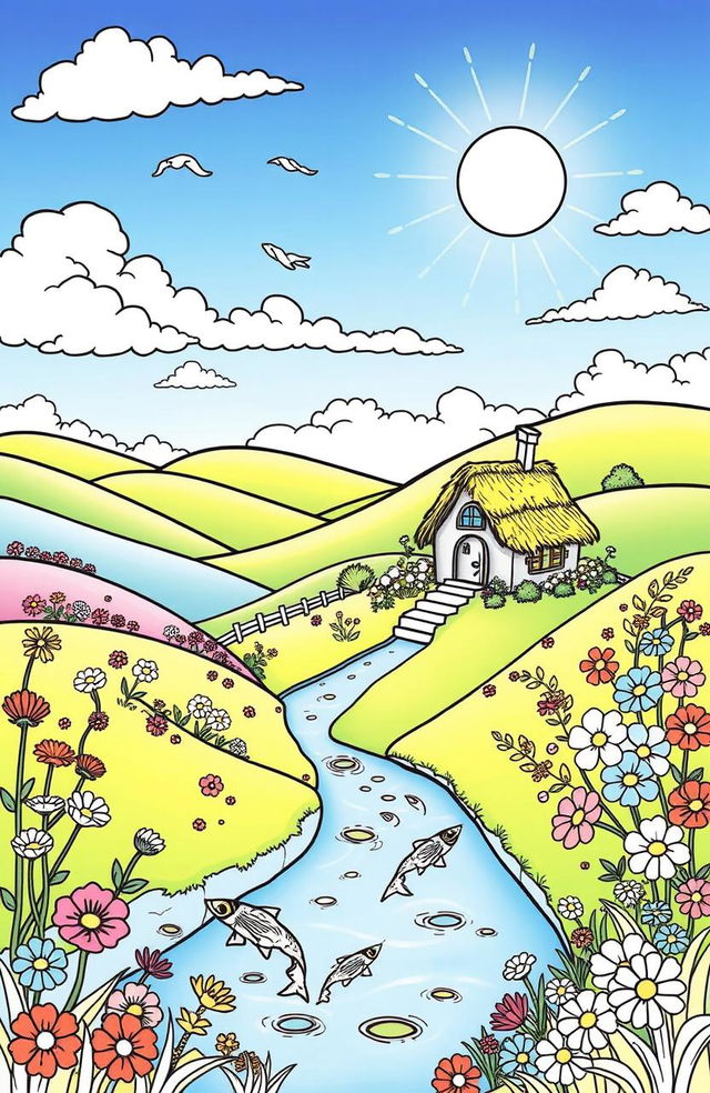A beautiful coloring page featuring a whimsical landscape with rolling hills, a charming cottage with a thatched roof, surrounded by vibrant flowers in various shapes and sizes