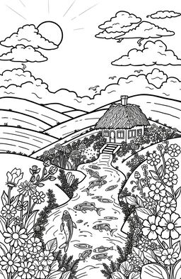 A beautiful coloring page featuring a whimsical landscape with rolling hills, a charming cottage with a thatched roof, surrounded by vibrant flowers in various shapes and sizes