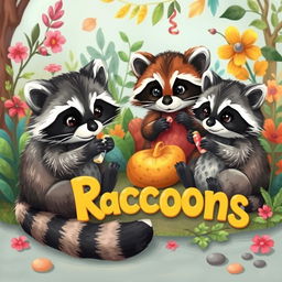 A charming scene featuring beautiful raccoons in a vibrant, artistic style, resembling a mix of paintings and animations