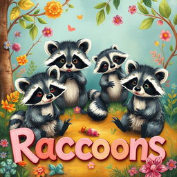 A charming scene featuring beautiful raccoons in a vibrant, artistic style, resembling a mix of paintings and animations