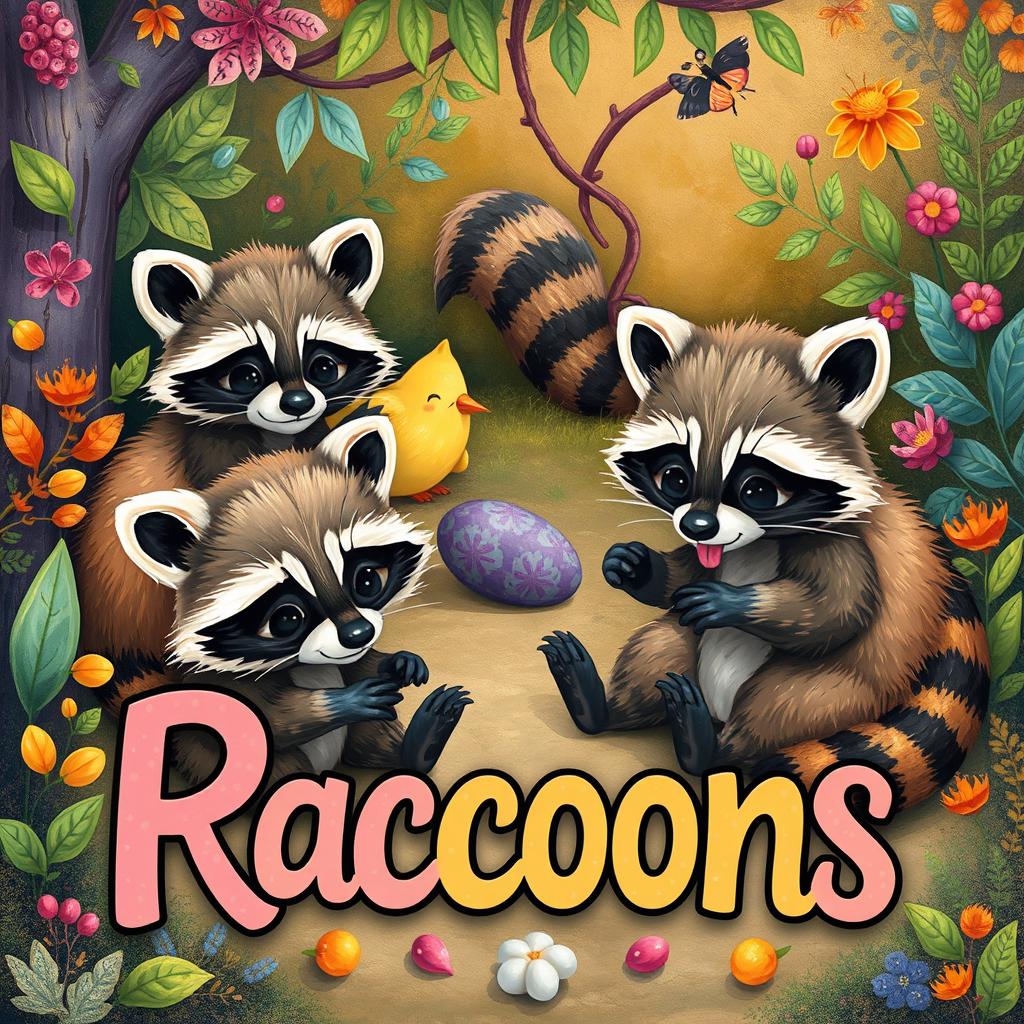 A charming scene featuring beautiful raccoons in a vibrant, artistic style, resembling a mix of paintings and animations