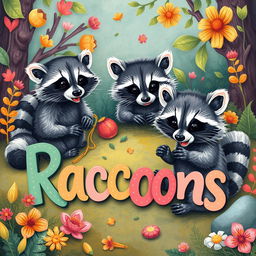 A charming scene featuring beautiful raccoons in a vibrant, artistic style, resembling a mix of paintings and animations