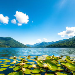 A serene and picturesque view of a tranquil lake surrounded by lush greenery under a bright blue sky