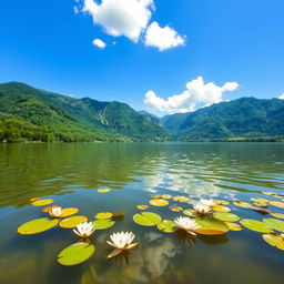 A serene and picturesque view of a tranquil lake surrounded by lush greenery under a bright blue sky